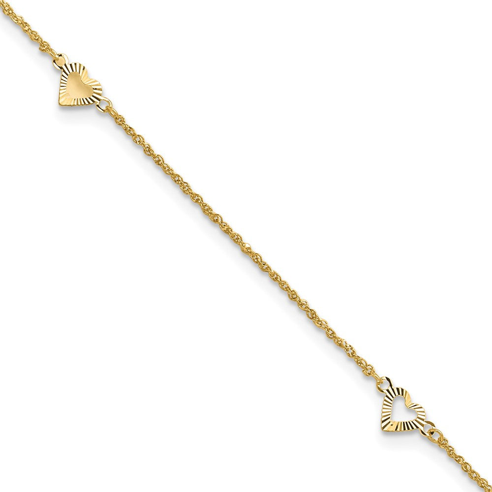 Diamond-cut Hearts Anklet 9 Inches Plus 1 Inch Extension