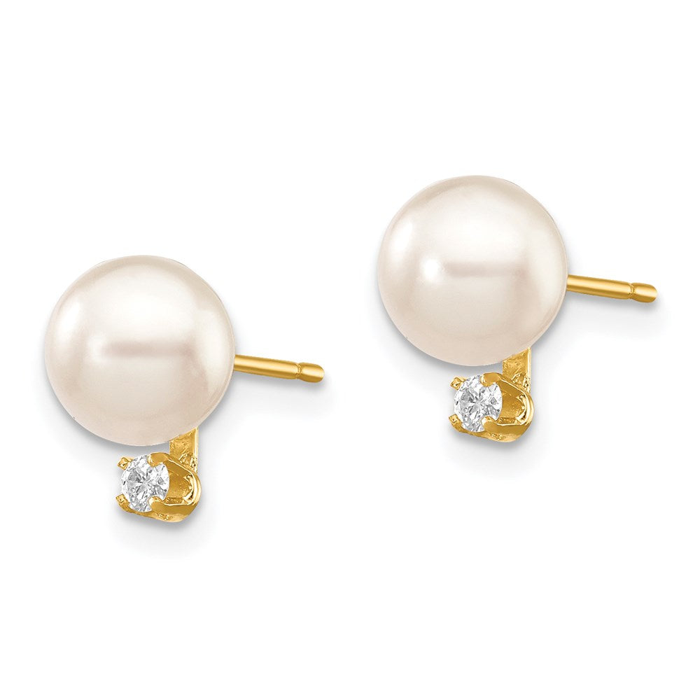 White Round Saltwater Akoya Cultured Pearl Diamond Post Earrings